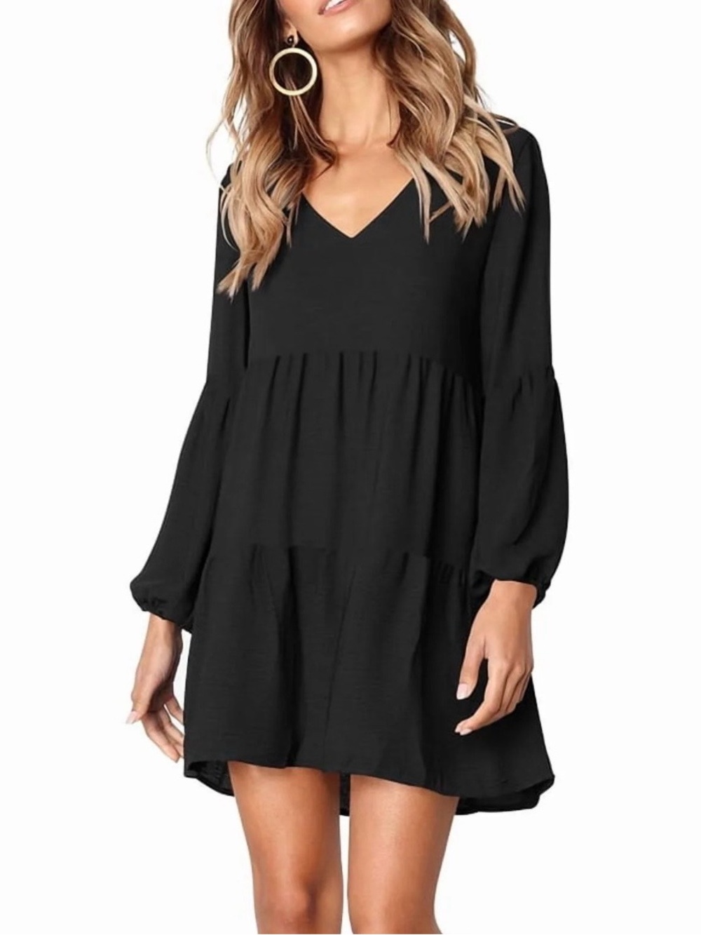 Women's Black Western Boho V-Neck Tiered Long Sleeve Dress. Size M